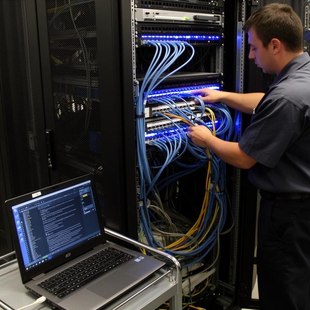 Profissional de Redes de Computadores em situação de trabalho
